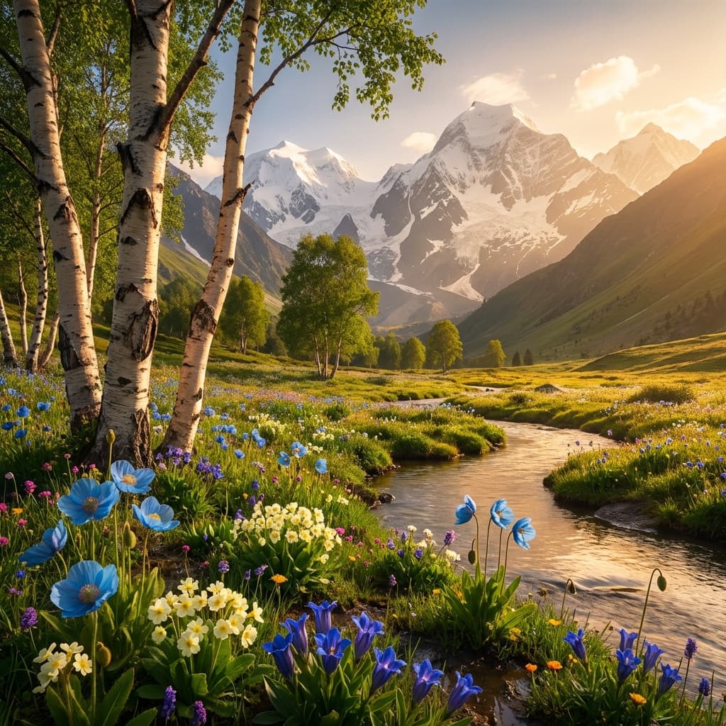 Lush alpine meadow at Bakarthatch with silver birch trees and snow-capped peaks.