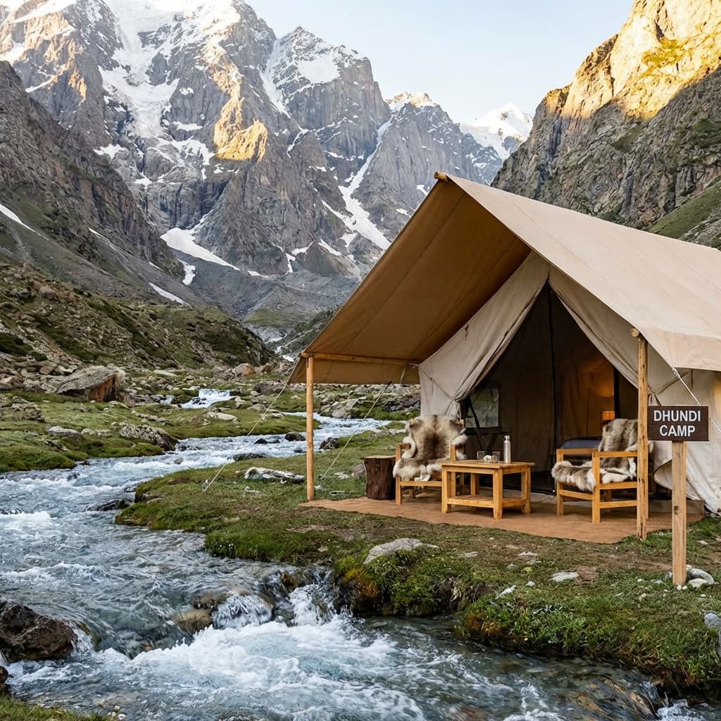 Premium high-altitude campsite at Dhundi with luxury tents near a mountain stream.