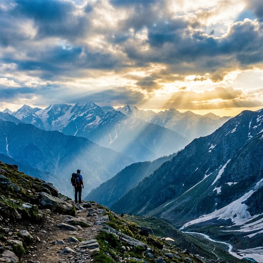 Epic view of the Pir Panjal range with layers of mountains under dramatic clouds.