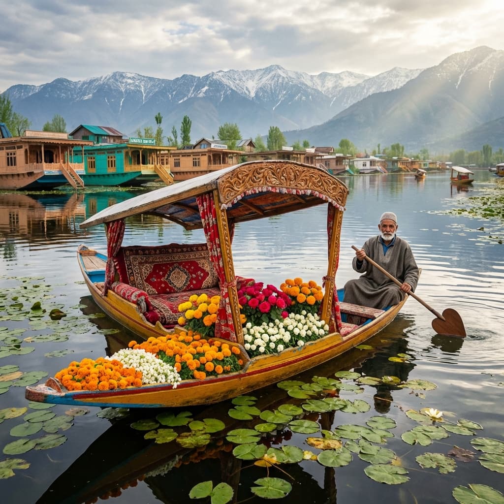 A traditional colorful Shikara boat floating on the calm lily-covered Dal Lake.