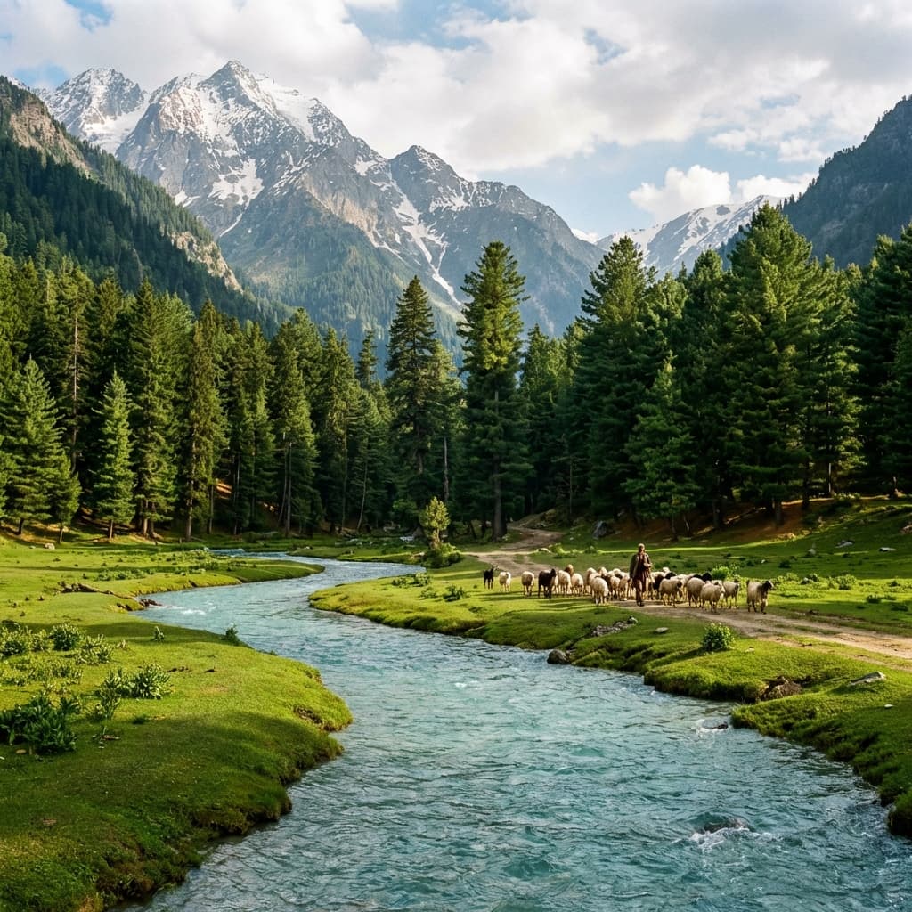 Lush green landscapes of Betaab Valley in Pahalgam with a clear mountain river.