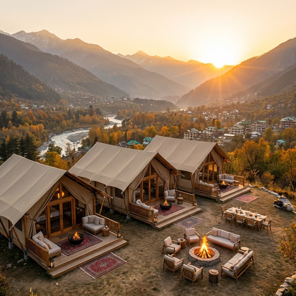 Luxury camping setup on a ridge overlooking the scenic Manali valley at sunset.