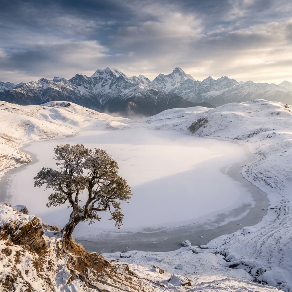 The frozen Brahmatal lake nestled in a snowy crater with Mt. Trishul and Nanda Ghunti in the background.
