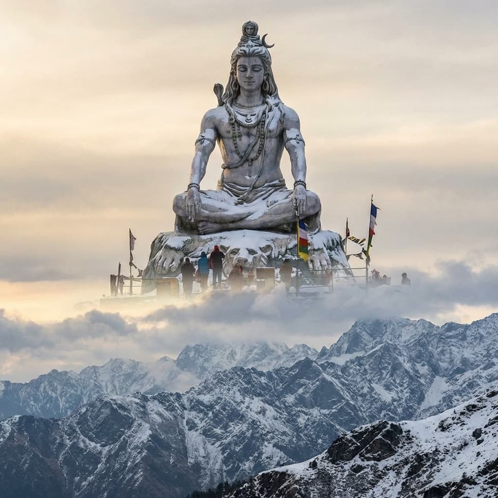 The giant statue of Lord Shiva at the summit of Churdhar peak.