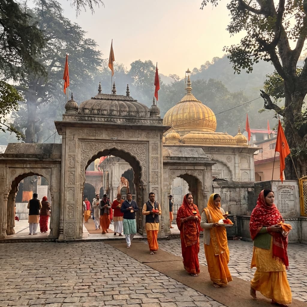 The ornate golden entrance of the Jwala Ji Temple, where an eternal flame burns without any known source.