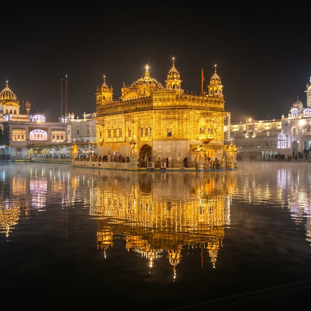 The Golden Temple in Amritsar illuminated at night, reflecting in the holy Sarovar.