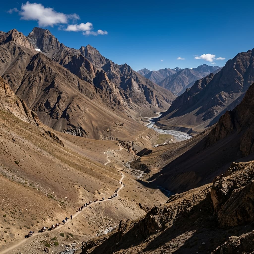 Panoramic view of the stark, jagged mountains of Spiti Valley from Hampta Pass.