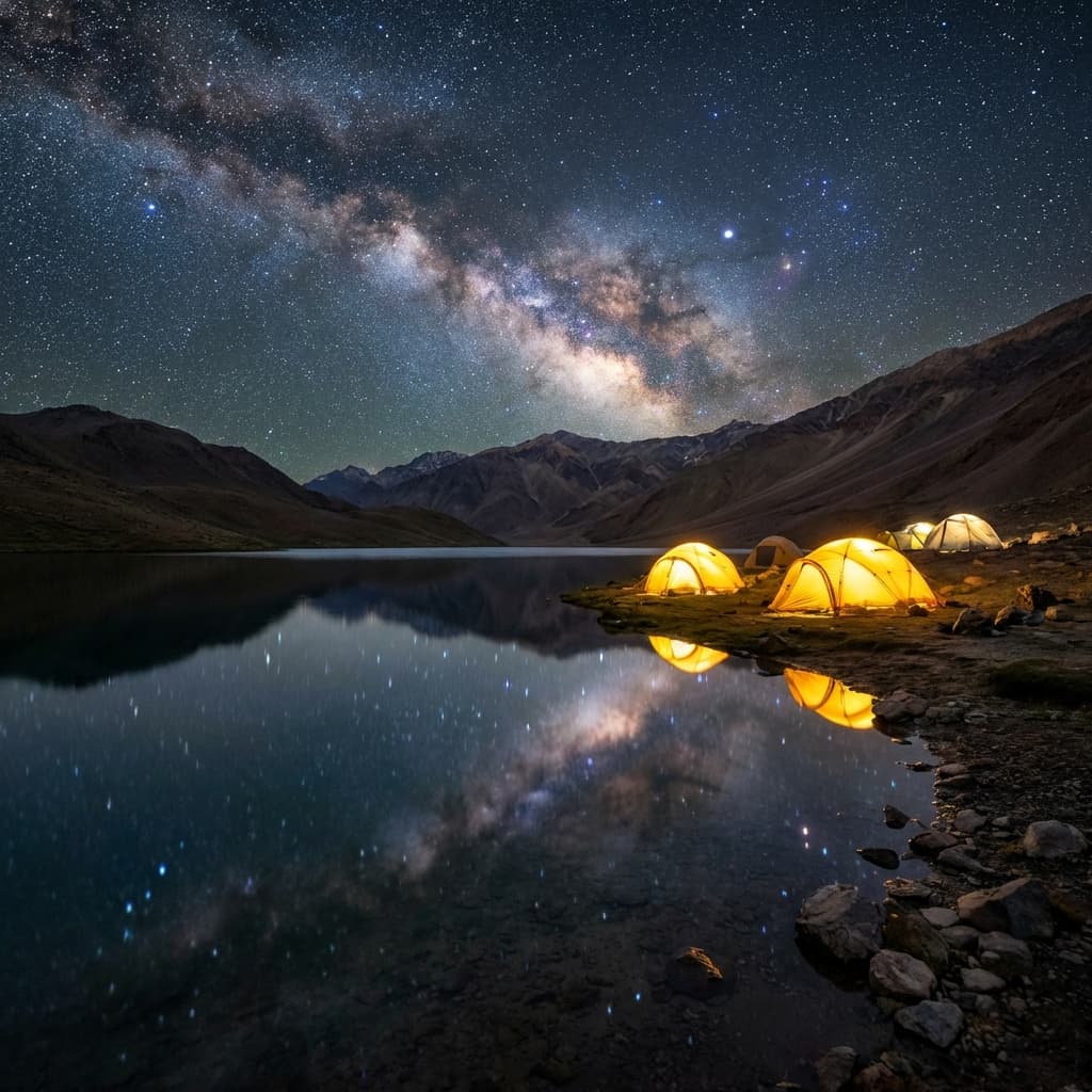 Magical night view of Chandratal Lake with the Milky Way galaxy reflecting in the water.