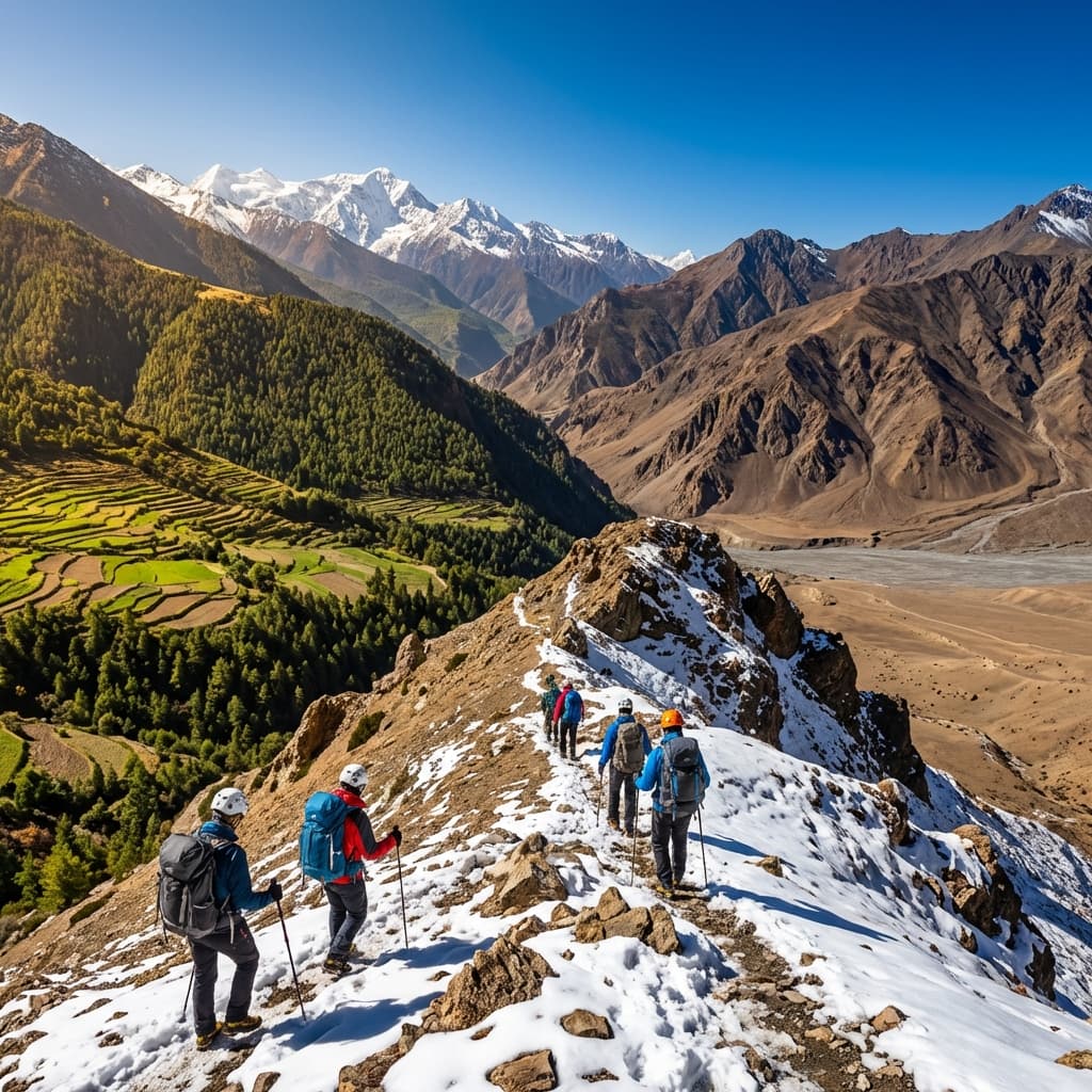 A group of trekkers crossing the snowy Hampta Pass with majestic mountain peaks in the background.