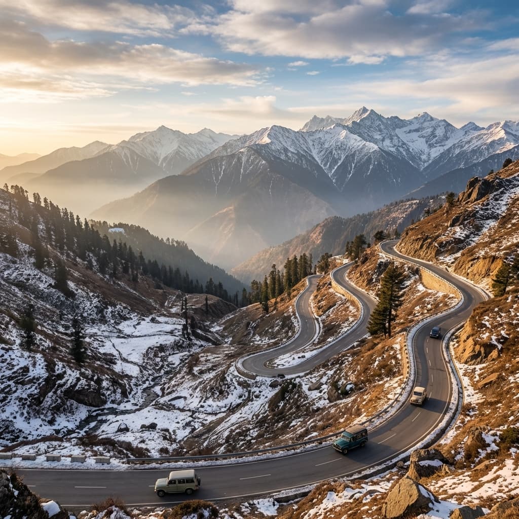 Panoramic view of Jalori Pass with snow-dusted peaks.