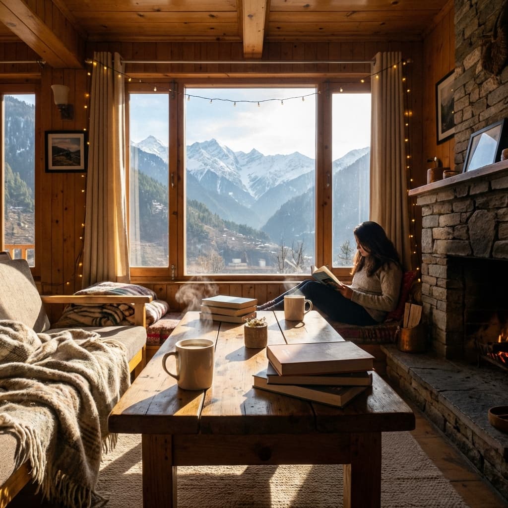 Cozy cafe interior in Jibhi with mountain views.