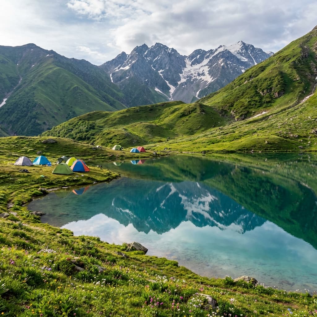 The crystal clear Kareri Lake reflecting the Minkiani Peak with a Shiva temple on the hilltop.