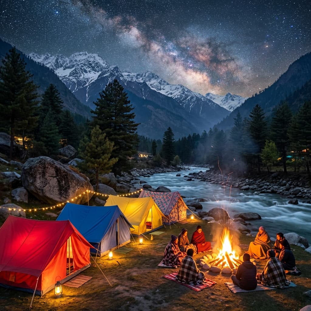 A colorful riverside cafe in Kasol with a view of the turquoise Parvati River and pine forests.