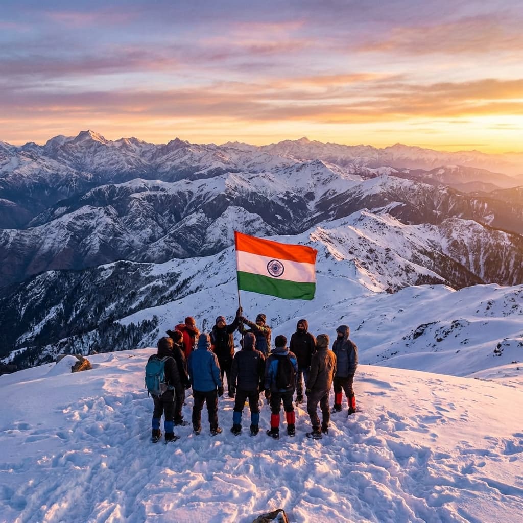 Trekkers standing at the summit of Kedarkantha peak with a 360-degree view of snow-covered mountains.