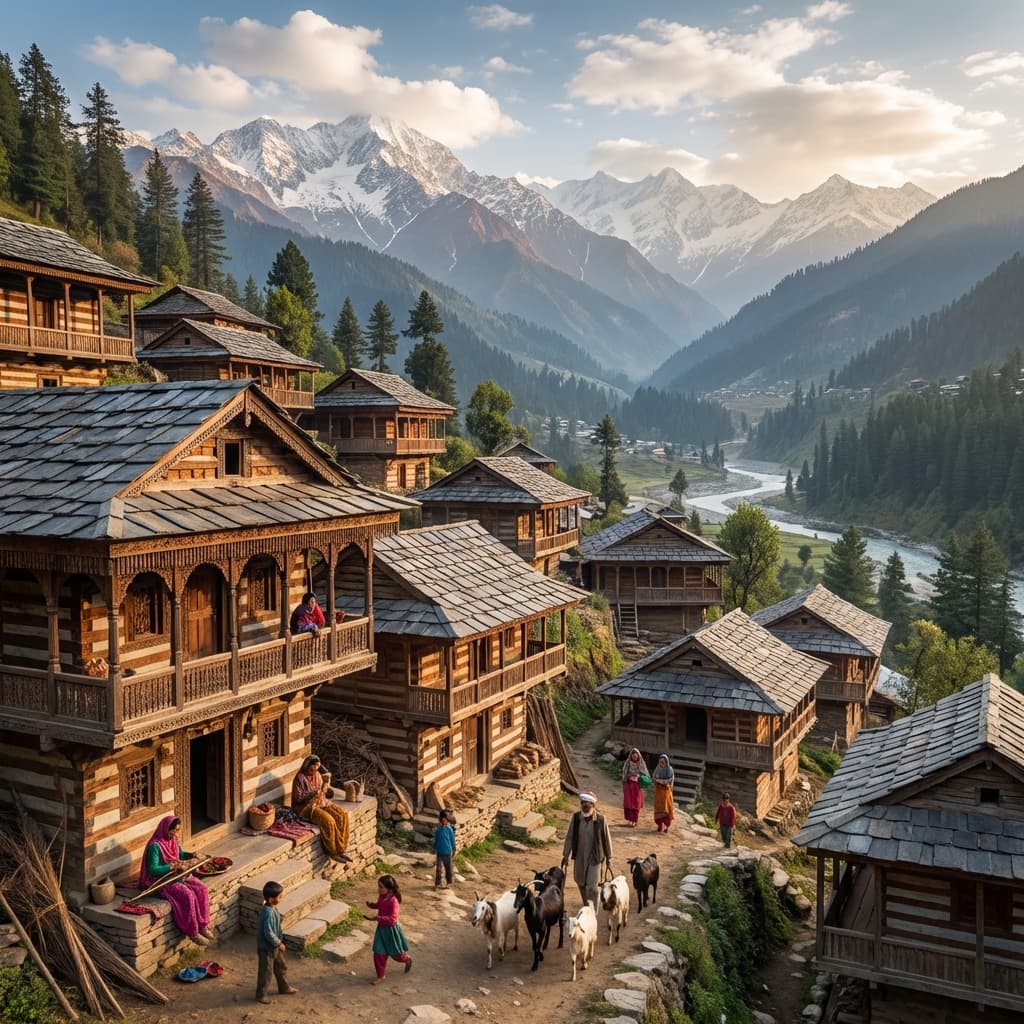 The traditional wooden village of Tosh with panoramic mountain views and local architecture.