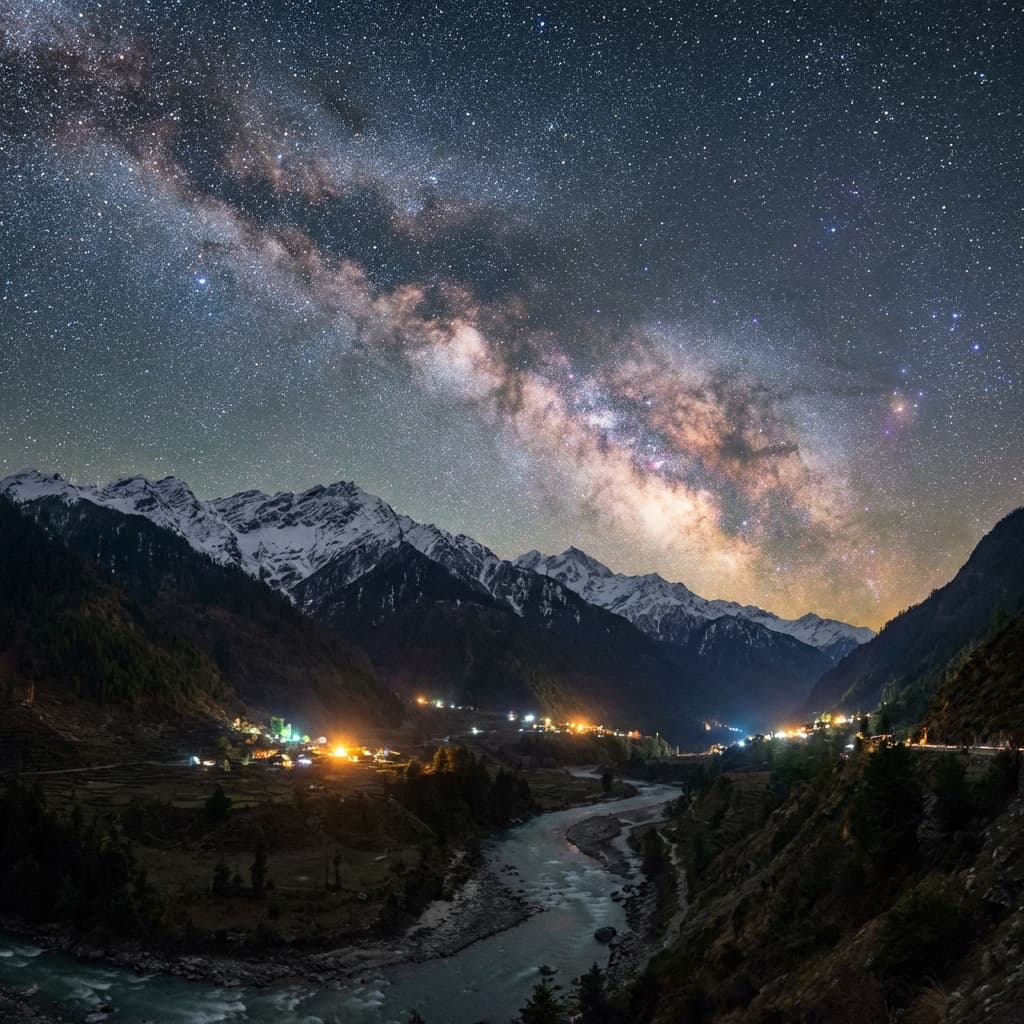 Magical night view of Parvati Valley under a vast, star-studded Milky Way sky.