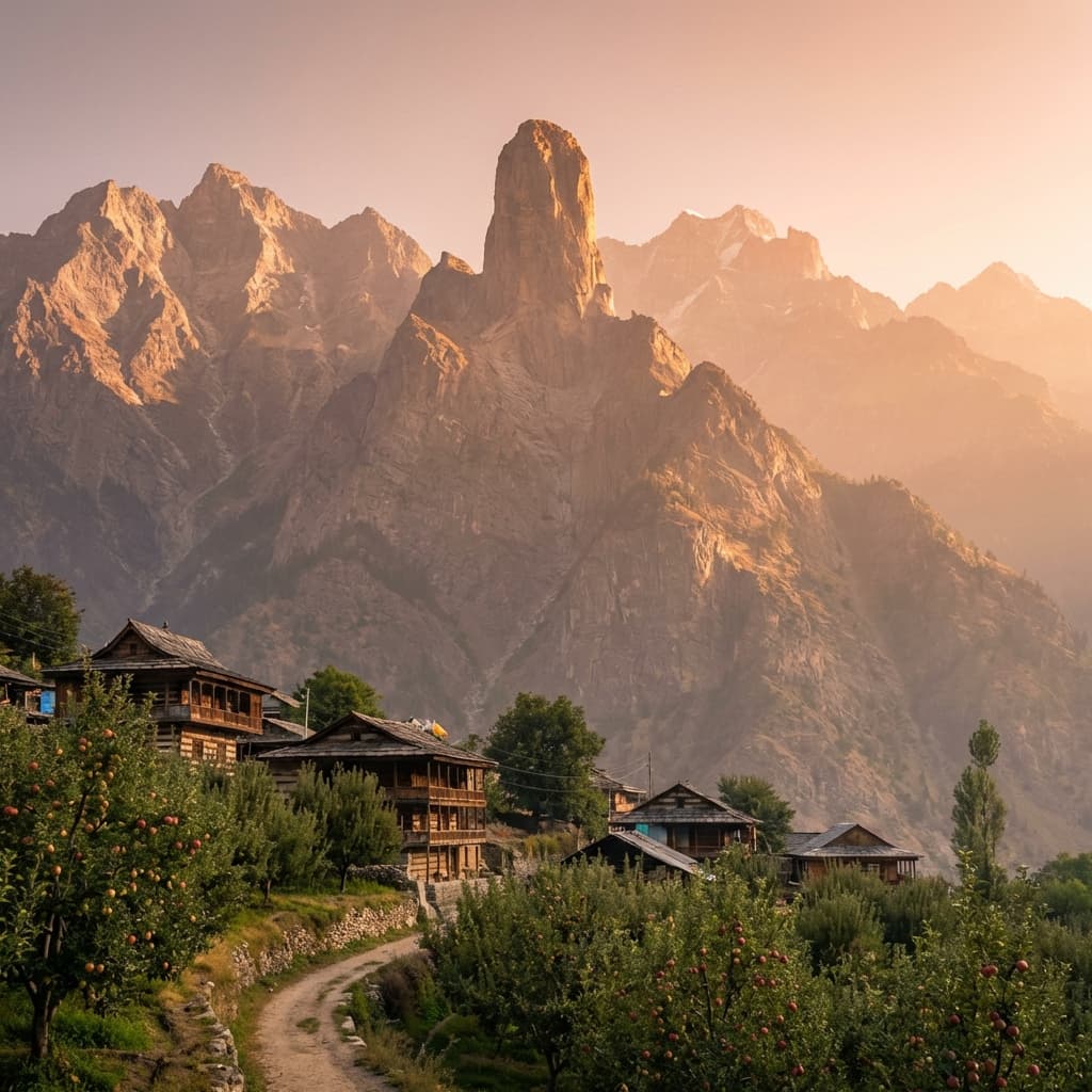 A spiritual traveler looking towards the sacred Kinnaur Kailash peak at sunrise.