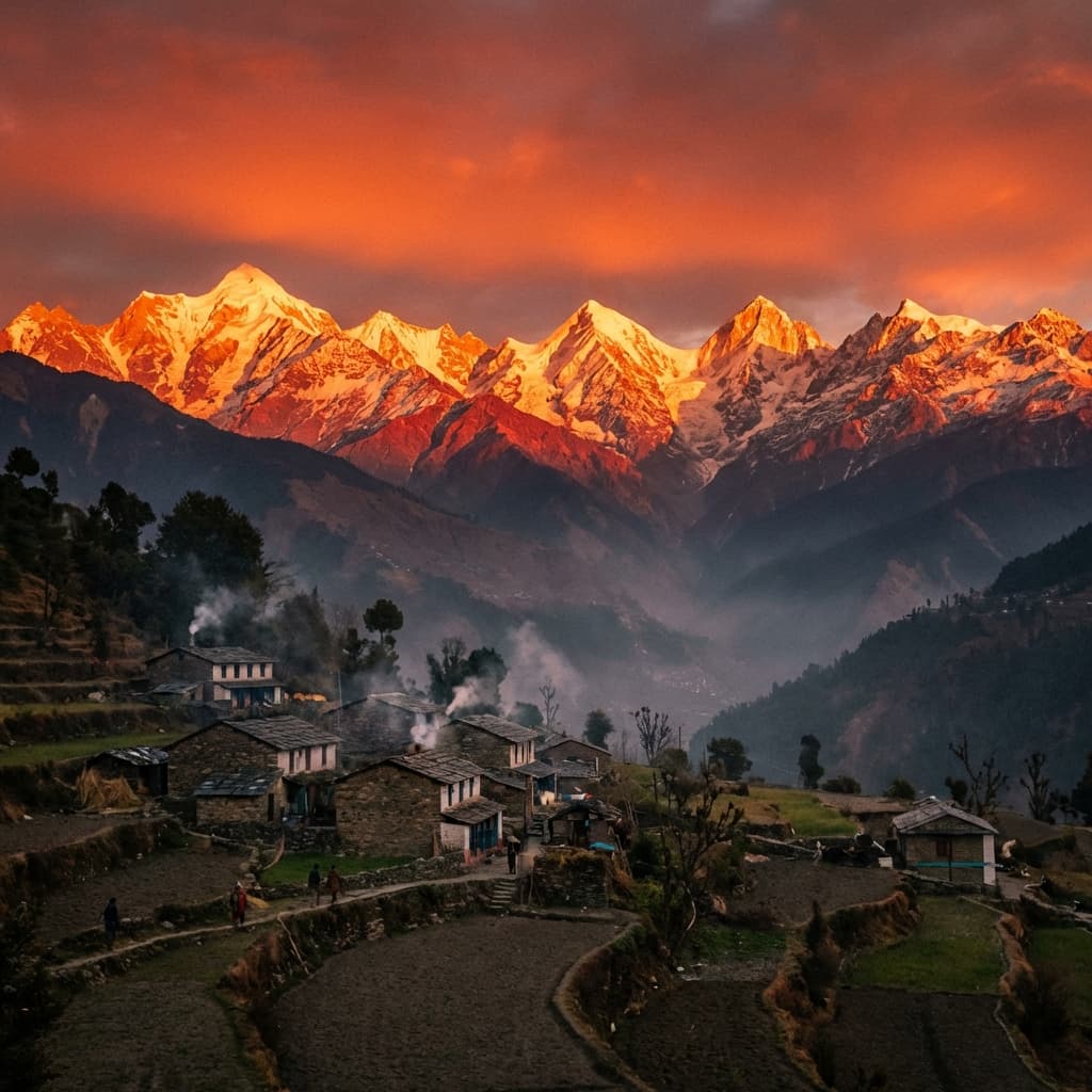The five snow-capped peaks of Panchachuli towering dramatically over the small town of Munsiyari.