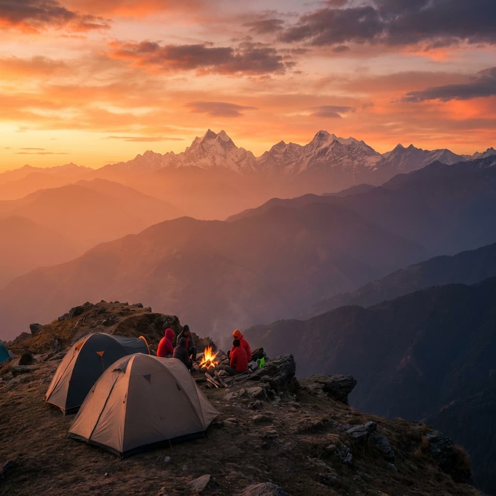 A view from Nag Tibba summit looking down upon the Doon valley and up at the Bandarpunch range.