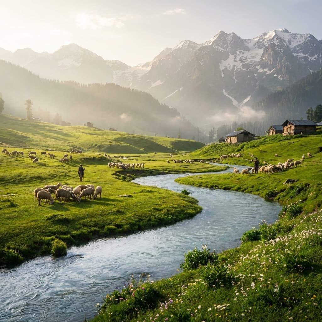 A pristine green meadow in Doodhpathri with a crystal clear stream flowing through it and pine forests around.