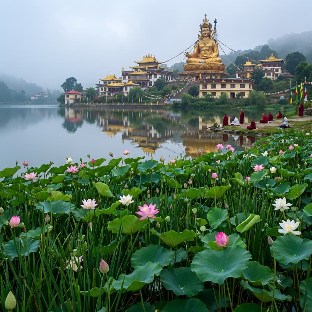 The sacred Rewalsar Lake with floating lotus islands and the massive Guru Padmasambhava statue overlooking the water.