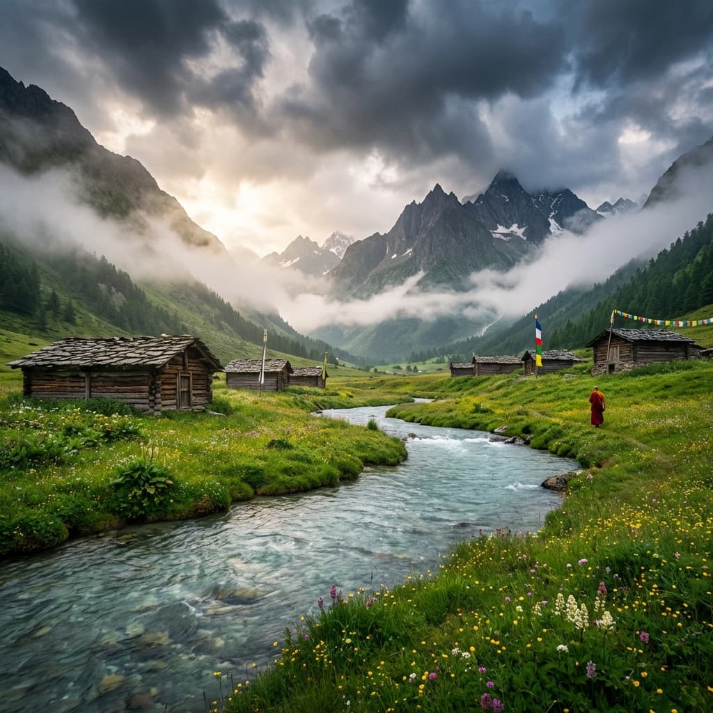 A lush, emerald-green alpine meadow (Shangarh Meadow) in the Sainj Valley, surrounded by dense deodar forests.