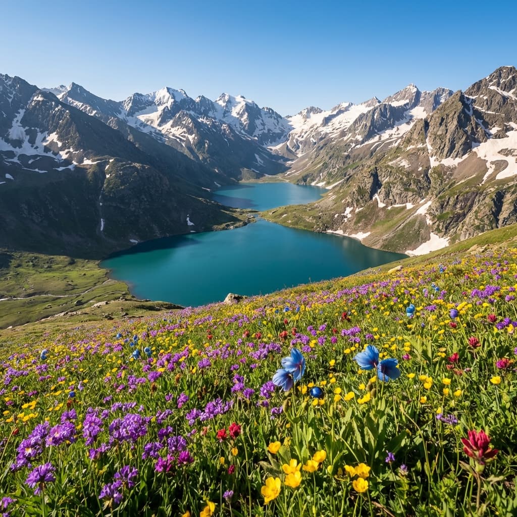 The almond-shaped Tarsar Lake reflecting the surrounding mountains, often called the most beautiful lake in India.