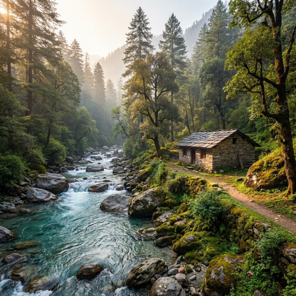 A cozy wooden riverside cottage in Tirthan Valley surrounded by lush greenery and apple orchards.