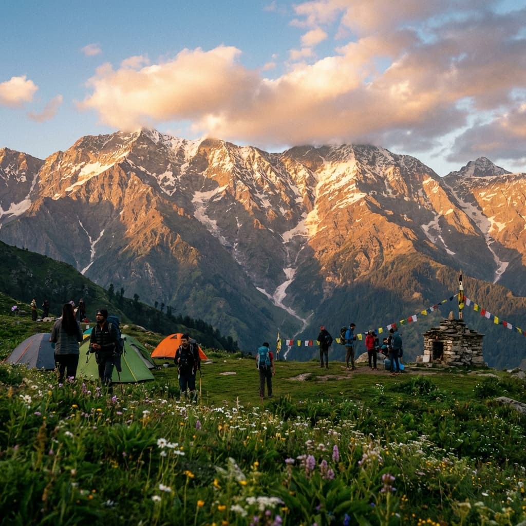 Trekkers enjoying the panoramic view from Triund ridge.